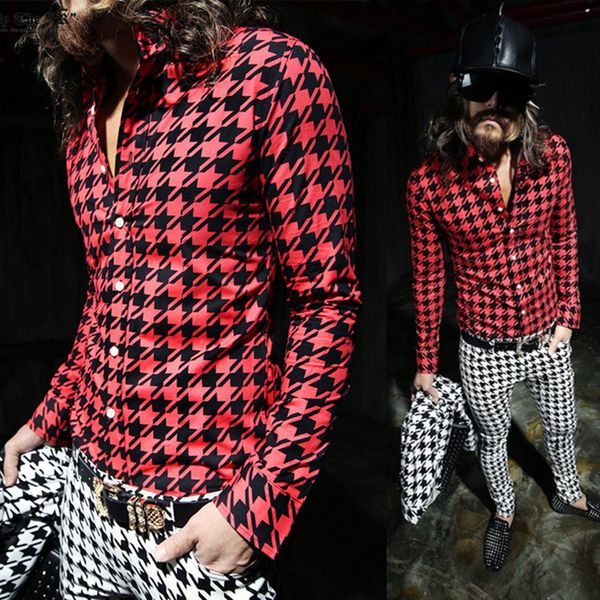 

2021 youngest of the night club men houndstooth singer fine fit male shirt hiphop suit internship cbw9, White;black
