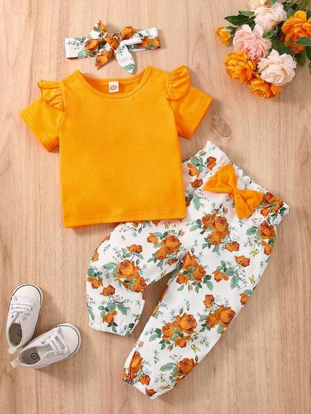 

baby solid ruffle trim tee & floral print pants with headband she, White