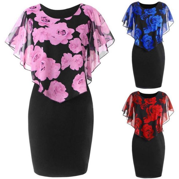 

women plus size xl-4xl party overlay dress rose print plus size chiffon ruffles mini dress1, Black;gray