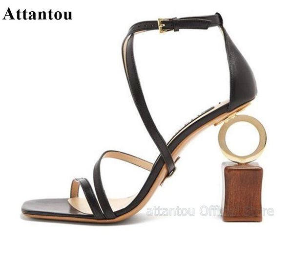 

dress shoes designer asymmetrical building block heeled women sandals ankle strappy narrow band fashion stage summer sandalias mujer, Black