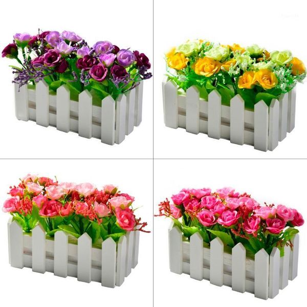

artificial diamond rose flowers set for wedding garden decor fake flower+16cm wood fence vase bonsai farmhouse decor rose1