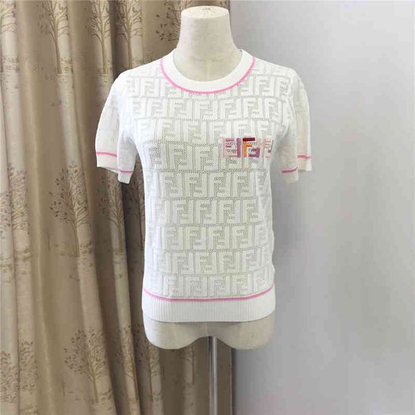 

2022 factory wholesale new model wind summer round neck hollow out f letter short sleeve ice silk sweater women's t-shirt, White;black