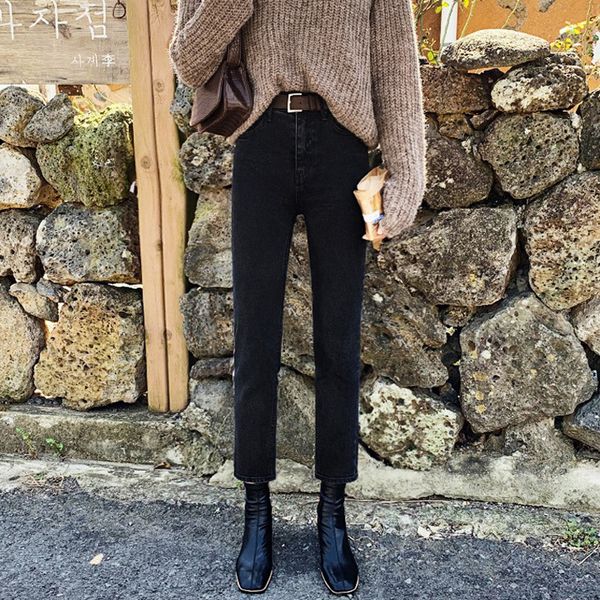 

black 8-point smoke tube plush jeans women's straight tube in autumn and winter, Blue