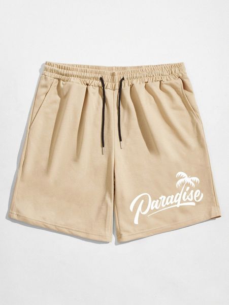 

romwe guys letter coconut tree graphic drawstring shorts q4dz#, Black