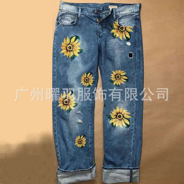 

2020 new summer trend printed straight jeans pants, Black;gray