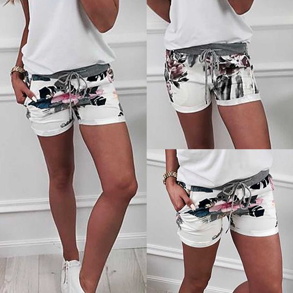 

floral print high waist summer thin drawstring shorts for women, White;black