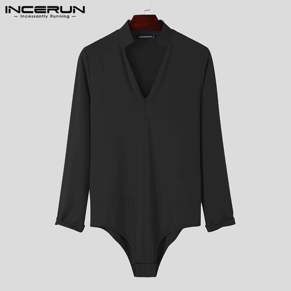 

fashion solid color fitness t shirts men long sleeve stand collar t-shirts bodysuit hombre zipper rompers 5xl incerun, White;black