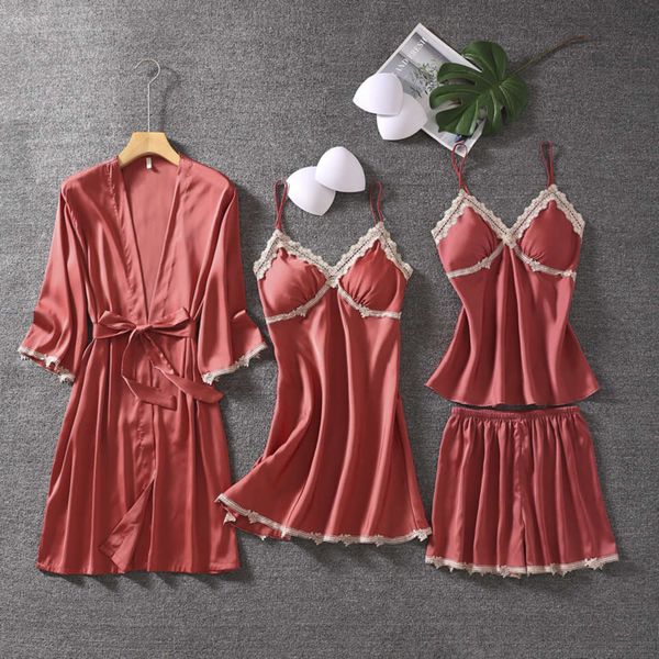 

new pajamas robe gown women women's spring and summer thin ice nightgown four piece set of silk belt bra sling home clothes lingerie, Black;red