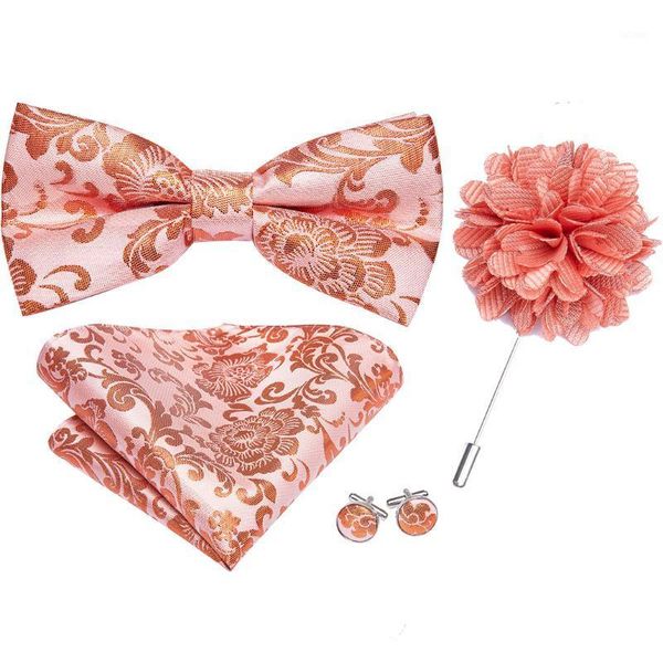 

hi-tie classic wedding party brooch bowtie set silk floral peach coral red brooch men bow tie pocket square cufflinks set1, Black;gray