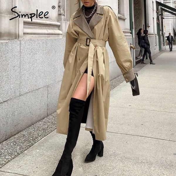 

simplee elegant khaki autumn winter women trench high street fashion long sleeve windproof coat split lace up straight coat 2020 lj201128, Tan;black