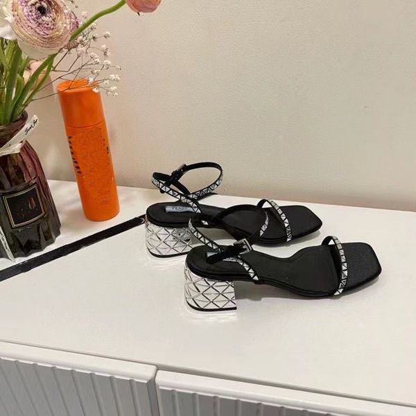 

[with box]spring women metal logo crystal-embellished satin sandals chunky heel designer luxury women dress shoes party wedding prom, Black