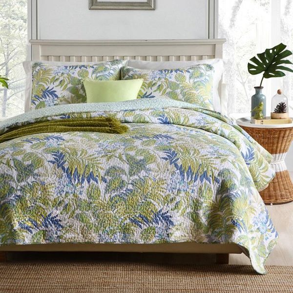 

quality cotton bedspread quilt set 3pcs coverlet green printed quilts bed cover pillowcase king queen size bedding blanket1