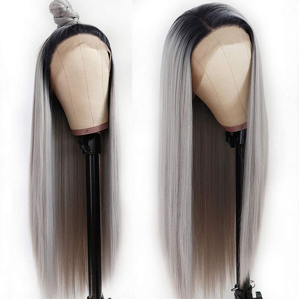 

natural hairline sliver grey long straight synthetic lace front wigs baby hair 180% density high temperature fiber swiss lace wigs for women, Black