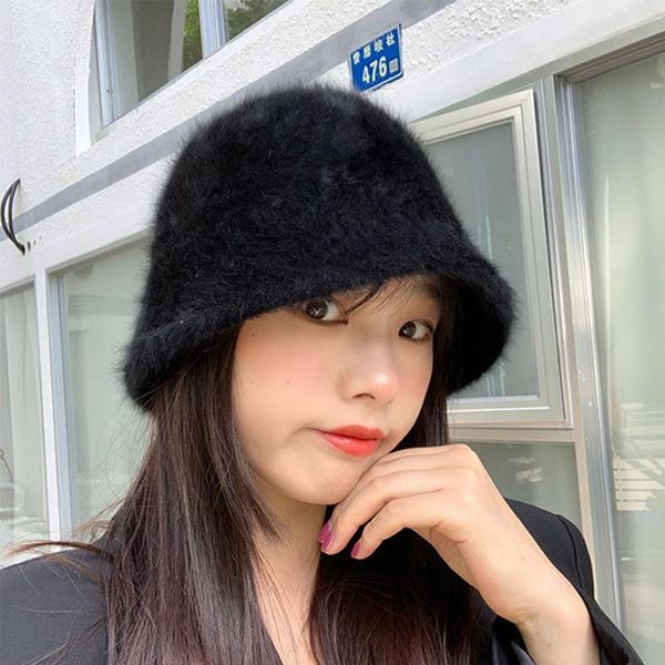 

wide brim hats winter fashion women's bucket hat warm soft plush fur cap korean japanese style all-match solid color retro fisherman, Blue;gray