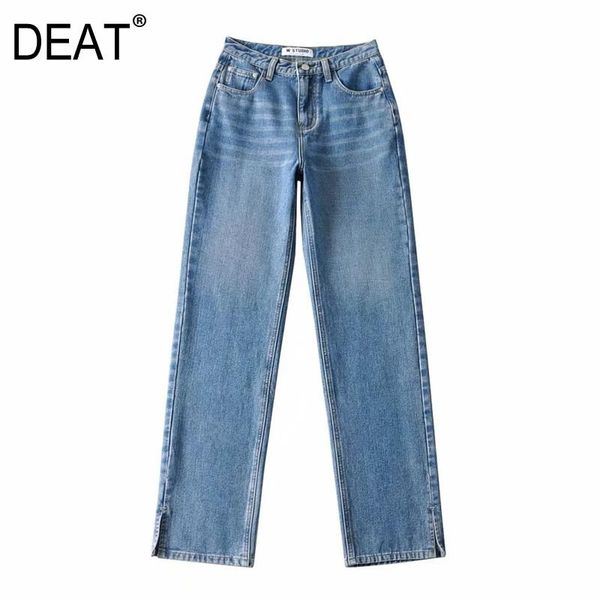 

deat] 2021 spring autumn new fashion tide straight leg pants solid color high waist side split loose casual women jeans 13w057, Blue