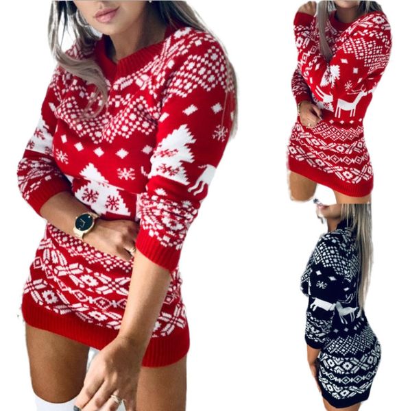 

autumn and winter 2020 new christmas women's knitting long sleeve dress deer snowflake sweater, White;black