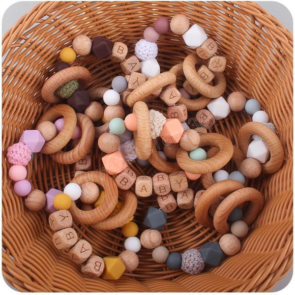 

baby teether rings silicone beech wood teething ring soothers chew toys round wooden bead silica gel teethers bracelet