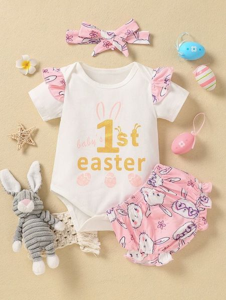

baby rabbit & letter graphic ruffle trim bodysuit & shorts & headband she, White