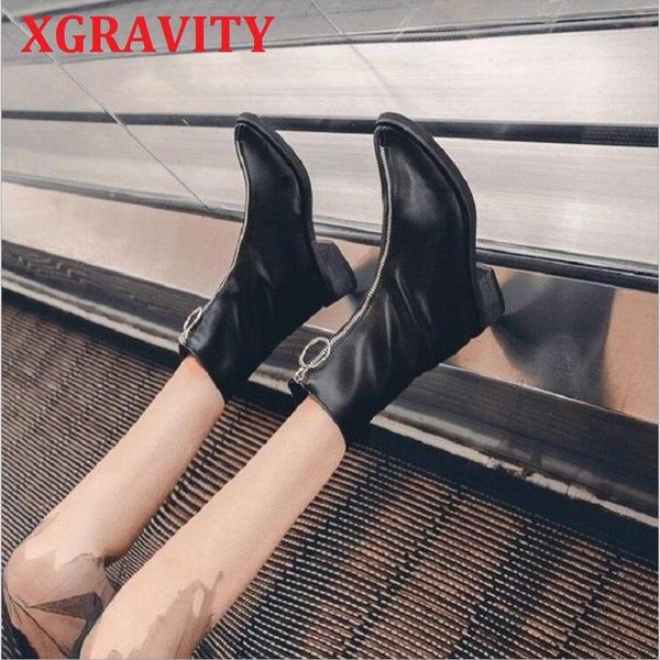 

2021 ankle boots chunky heel short shoes elegant front zipper design women ins british c092, Black
