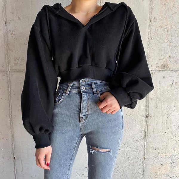 

casual solid pullovers black cropped women's hoodies 2021 autumn winter harajuku long sleeve female sweatshirt gothic jacket top