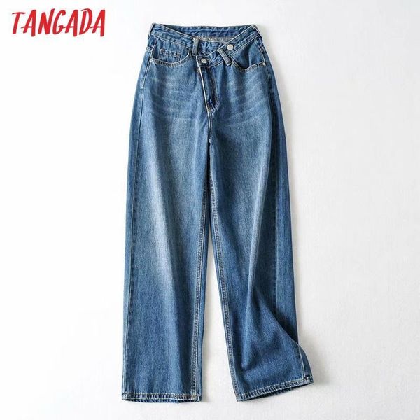 

tangada 2020 new fashion women design blue long jeans pants trousers pockets buttons female pants 2qi031