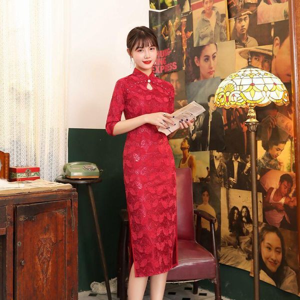 

ethnic clothing traditional chinese wedding dresses women oriental lady banquet half sleeve lace qipao elegant classic slim long cheongsam, Red
