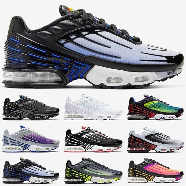 

plus 3 tn men women running shoes mens trainers og triple white black sunset neon hyper blue violet high sports sneakers, White;red