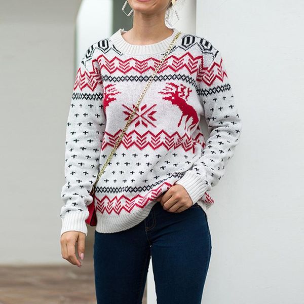 

2020 christmas women clothes fashion snowflake fawn printed sweaters autumn winter warm soft long-sleeved knitted pullover1, White;black