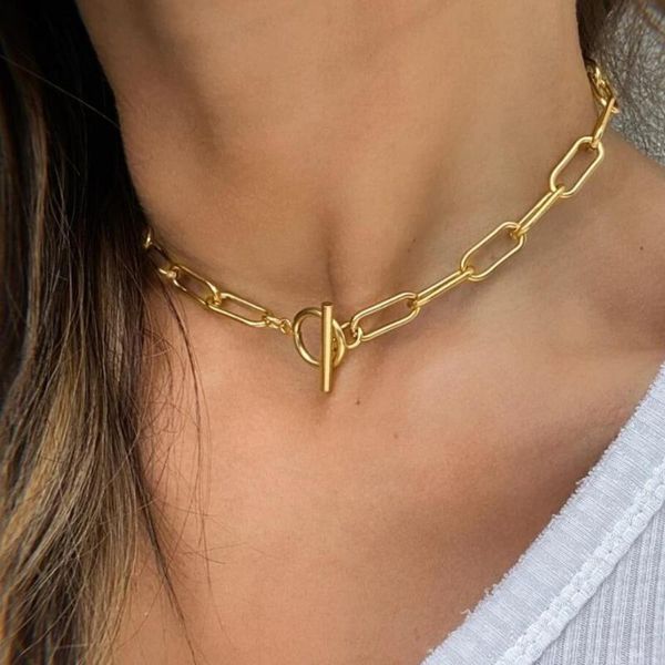 

mavis hare stainless steel keira choker necklace rectangle chunky chain with toggle clasp 42cm as fashion lady gift, Golden;silver