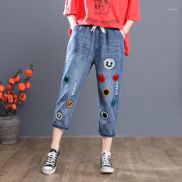 

summer jeans woman drawstrings loose harem pants cute vintage embroidery capris denim ladies jeans vaqueros mujer1, Blue