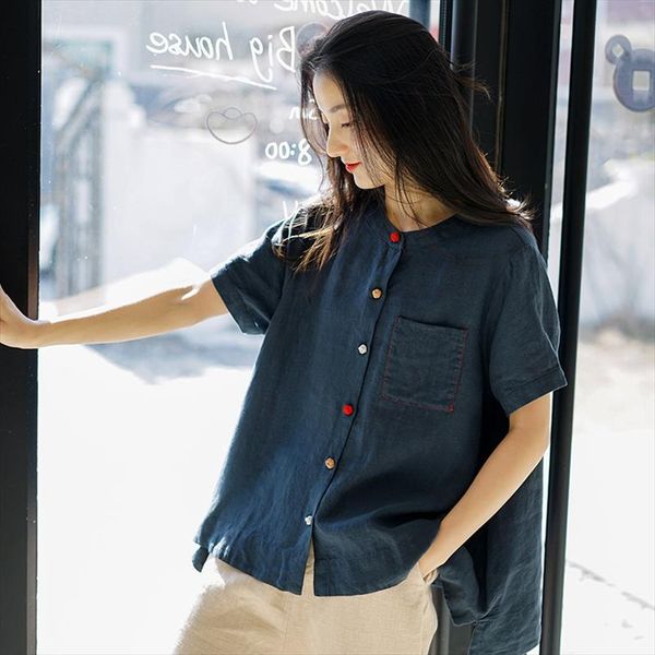 

johnature women vintage shirts linen blouses button pockets o neck short sleeve women loose clothing spring 2020 new shirts, White