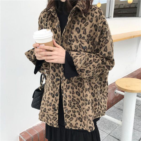 

women's jackets leopard print jacket female autumn and winter korean style loose collar mid-length long-sleeved shirt, Black;brown