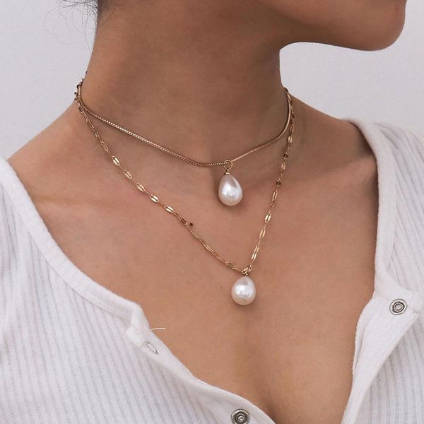 

pearl beaded pendant choker necklace women collares wedding kpop punk multi layer snake chain charm boho jewelry, Silver