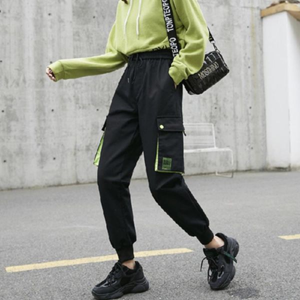 

women's pants & capris spring high waist cargo autumn sports loose harajuku elastics trousers, Black;white