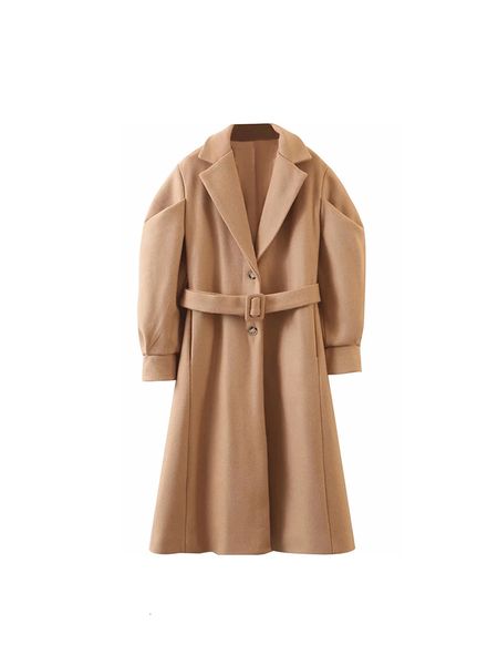 

2021 autumn new elegant camel light wool sleeve female long coat turn-down single collar jhiu, Black