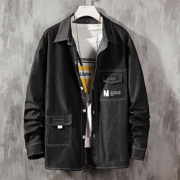 

feitong fashion pockets autumn shirts men casual turn-down collar patchwork long sleeve denim shirt blouses, White;black