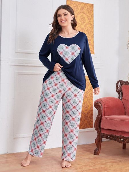 

plus plaid and heart print pj set n1bv#, Black;white