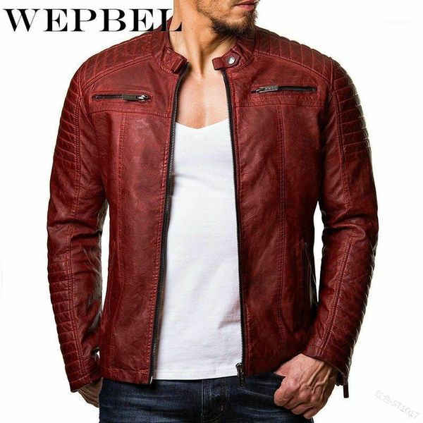 

wepbelmen autumn winter vintage pu leather zipper jacket long sleeve stand collar punk motor coat outwear1, Black