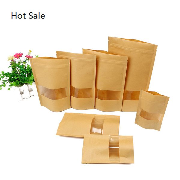 10pcs / lot Brown Kraft Paper Paper Bags Borse per dolci Candy Packaging Riciclabile Zip Block Bag Bad Shopping Borse Party con finestra trasparente