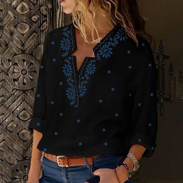 

gaoke women blouses casual plus size bohemian 3/4 sleeve linen cotton v-neck print blouse shirts, White