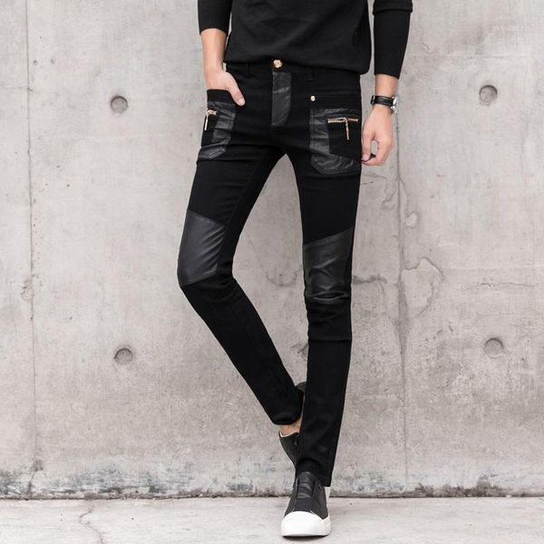 

fashion men's pant faux leather jeans spliced denim trousers male stretch slim fit punk stage singer motorcycle casual pants men1, Black