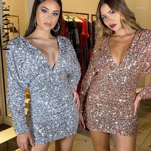 

fantoye v-neck sequin party dress clubwear women puff sleeve bodycon backless mini dress ladies evening party vestido1, Black;gray