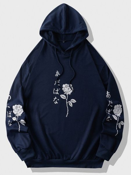 

men japanese letter & floral print drawstring hoodie e3sb#, Black