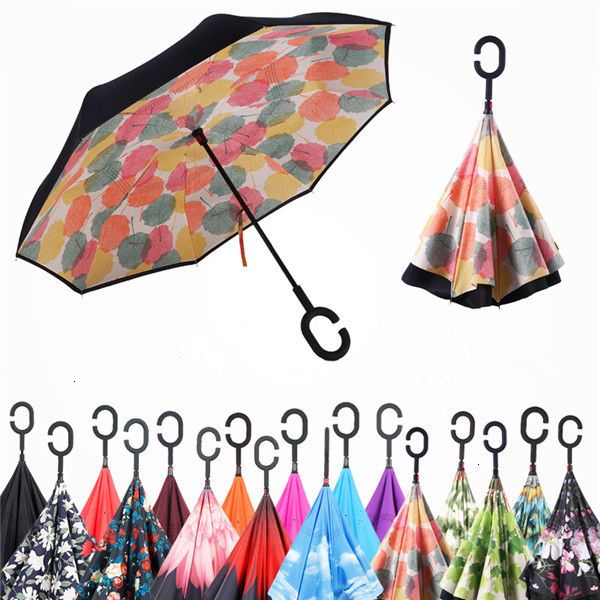 

windproof inverted umbrella folding double layer reverse rain sun umbrellas inside out self stand bumbershoot with c handle 30styles