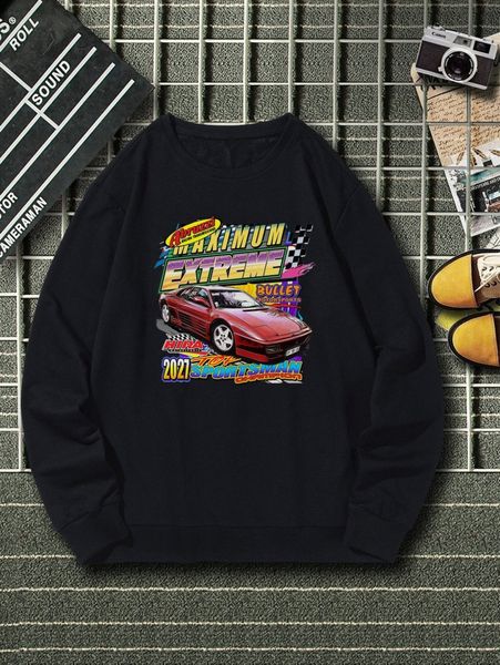 

men letter & car print pullover k8pr#, Black
