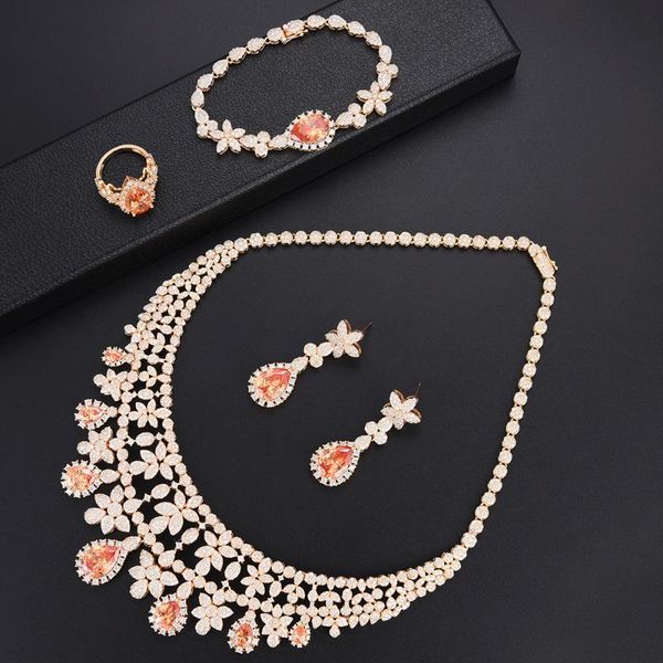 

4pcs trendy blossom waterdrop african wedding engagement jewelry necklace earrings bangle ring fashion jewelry set for women, Silver