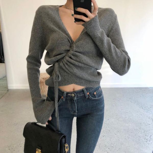 

women's knits & tees fashion drawstring cross v-neck sweater korean style solid color long sleeve slim fit fall women sweaters winter t, White