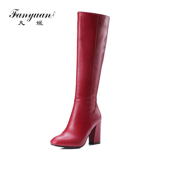

boots fanyuan black red women autumn square heel zipper ladies pu fashion knee