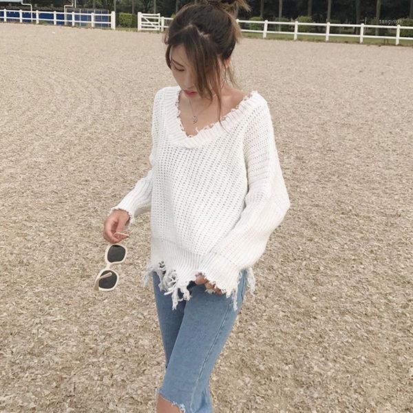 

distressed sweater jumper v neck sweater women knitted pull femme ugly christmas sweaters 2019 autumn winter clothes pullover1, White;black