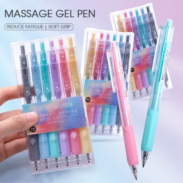 MG 6PCS / Set Anti-fadiga Massagem Gel Pen Set 0.5mm Preto Gel Retrátil Pens Gelpen para School Office Materiais Estacionário Y200709